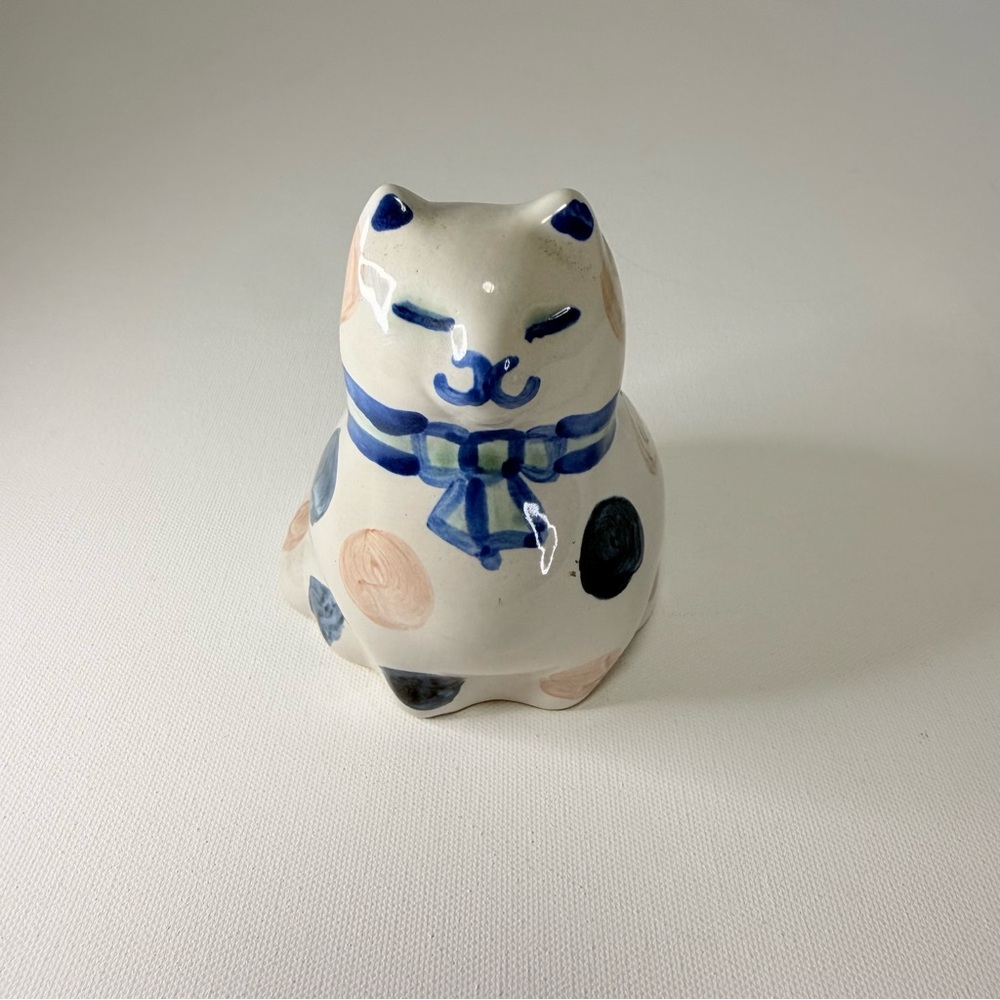 Vintage M.A. Hadley Pottery Cat Figurine - Hand Painted Blue & Pink Spotted